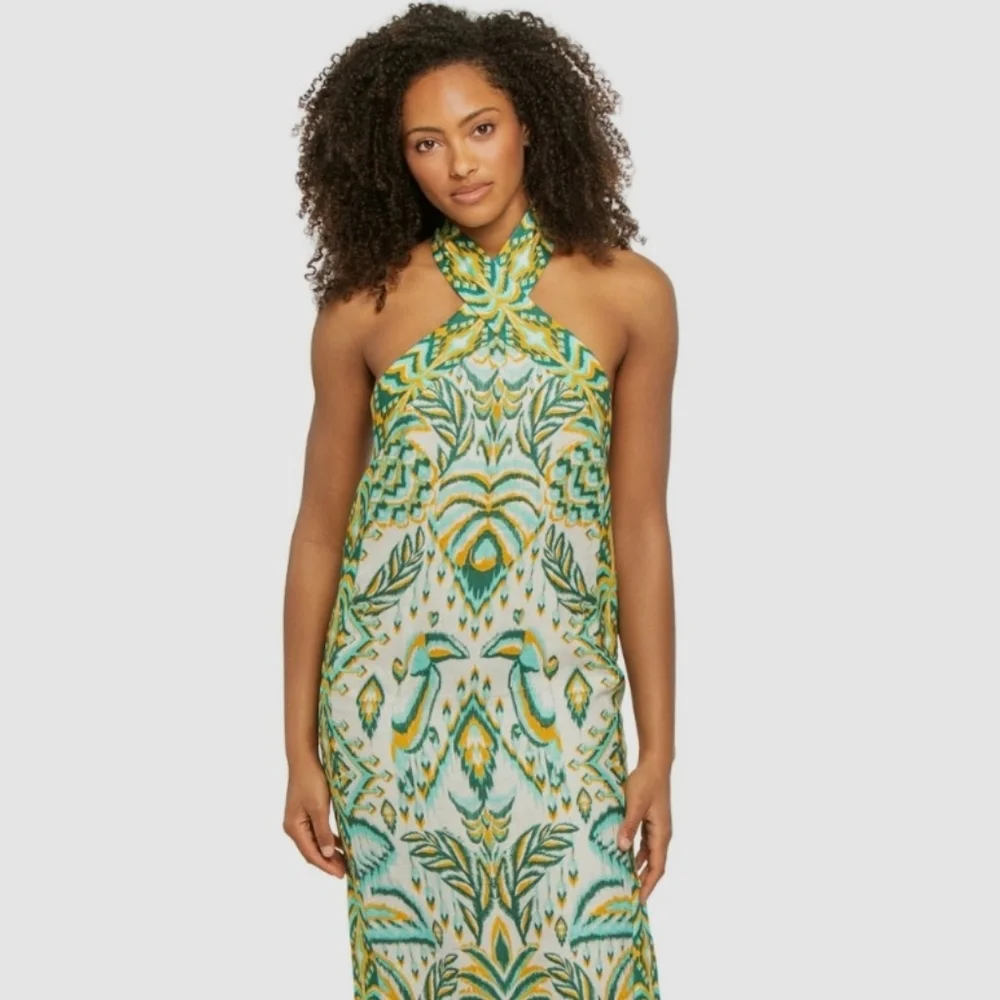 FARM RIO Blue/Greens & Cream Beads Tropical Tapestry Linen Halter Maxi Sundress - Picture 7 of 16